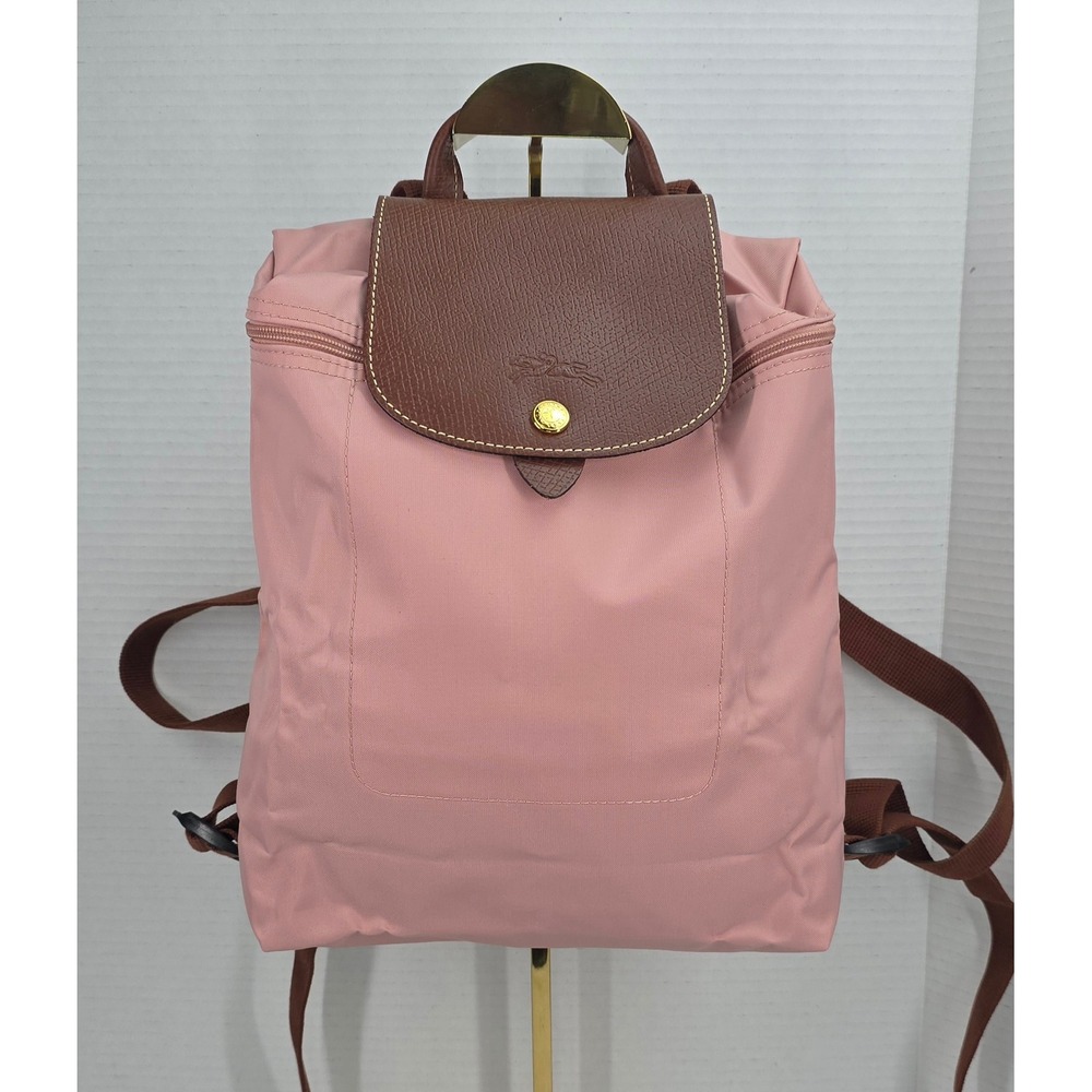 Longchamp Le Pliage Backpack Pink Nylon Brown Leather Trim 1699089A26 Small